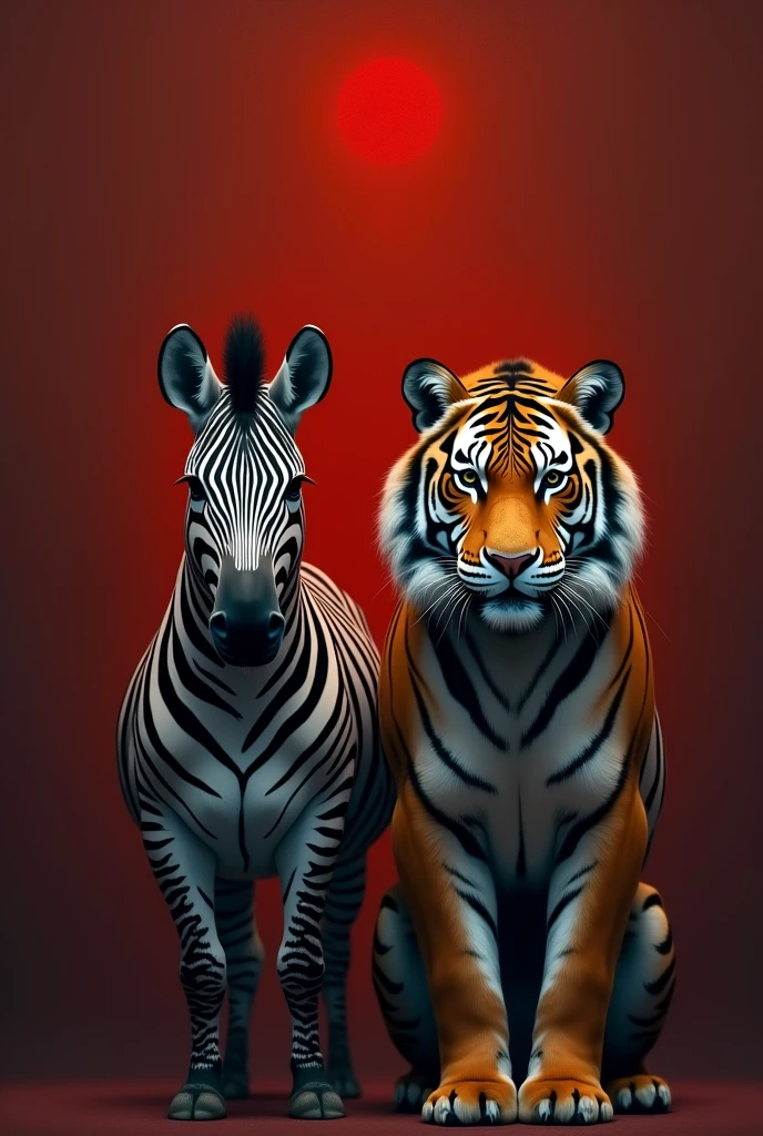 painting of a tiger in the middle of its head on the right side of the image and on the left side a zebra in the middle of its head with a wine-red background