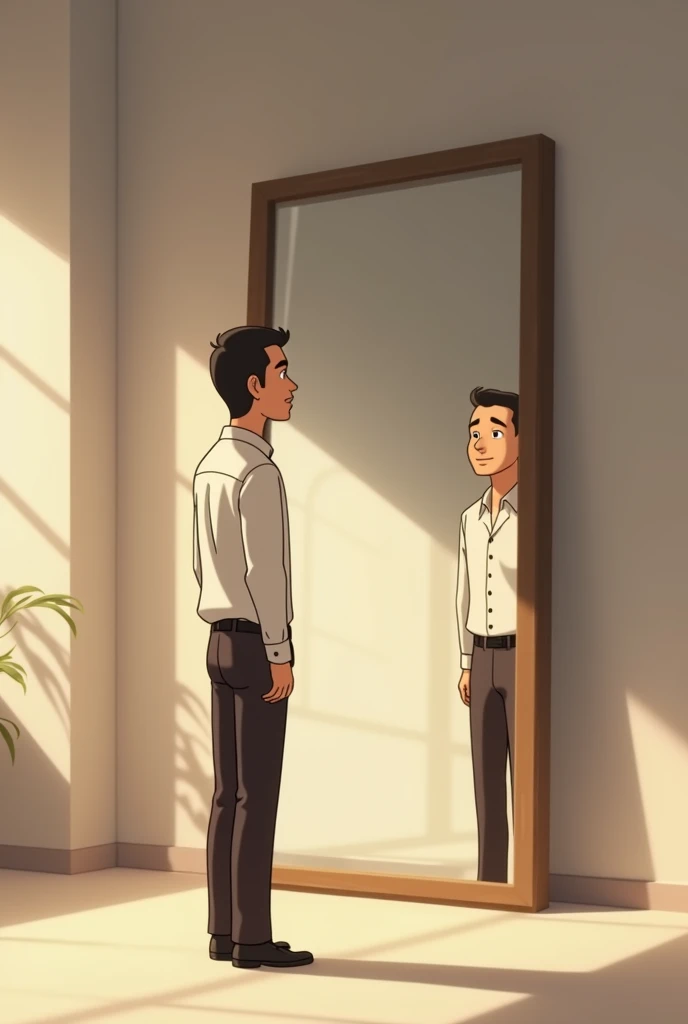 Animated image of a man 
standing in front of a mirror with his reflection 