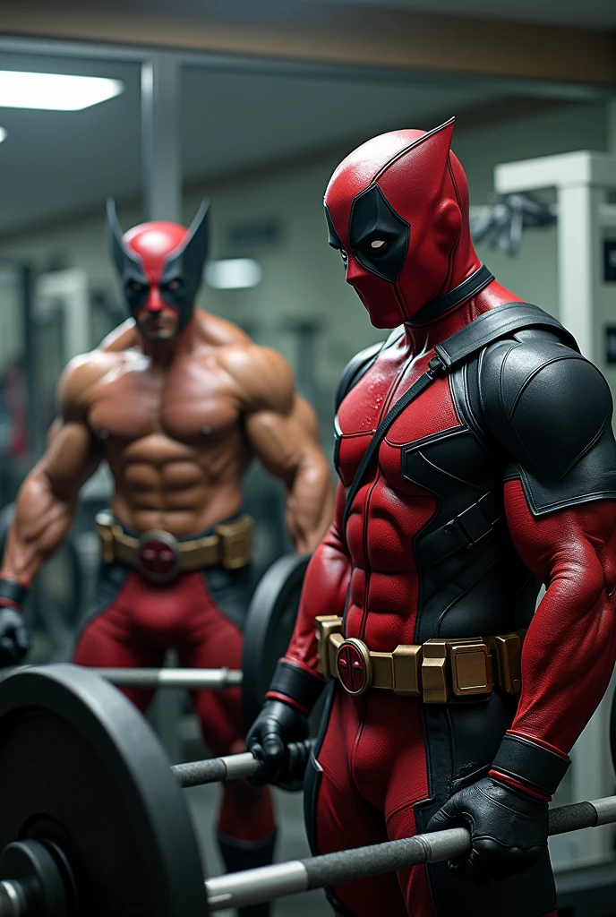 Wolverine and Deadpool at the gym training chest