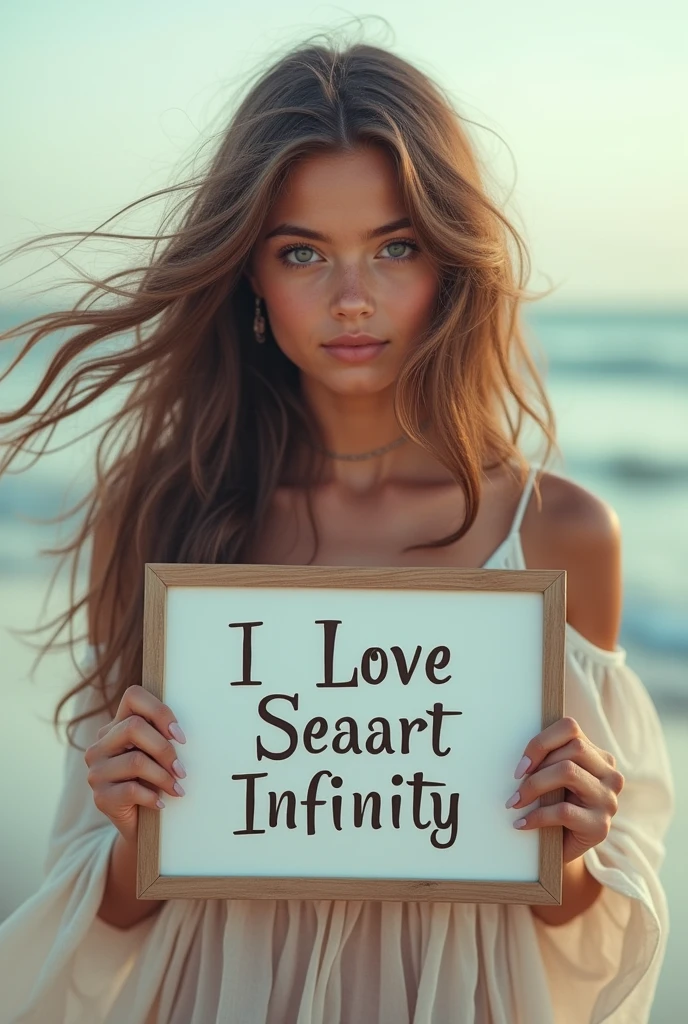 Beautiful girl with wavy long hair, bohemian dress, holding a white board with text "I Love Seaart Infinity" and showing it to the viewer