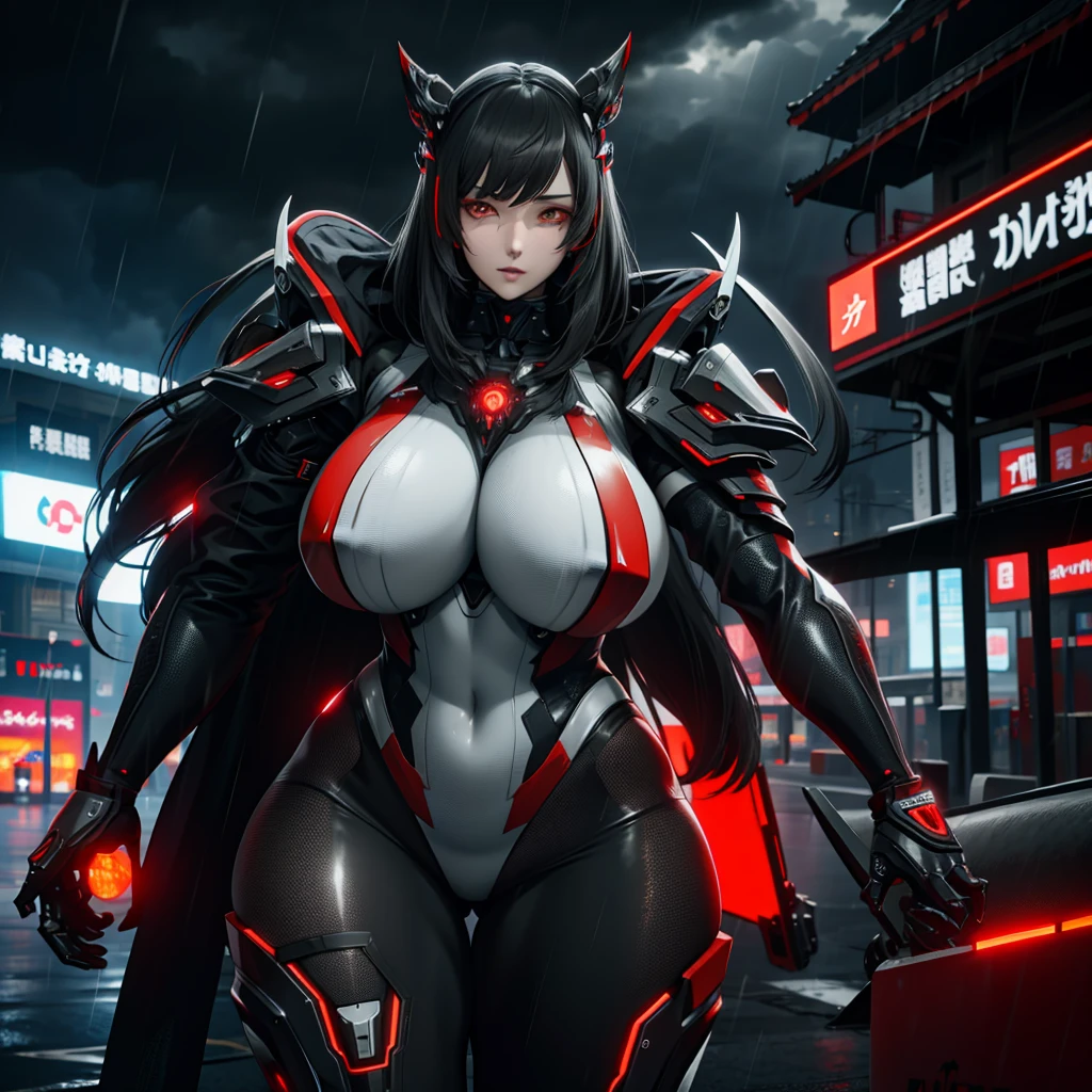 1 Japanese girl, Warframe, Complex patterns, heavy metal, Energy Line, The Faceless, Glowing eyes, elegant, intense, Blood red and black, Solitary, Modern, City, street, dark clouds, thunderstorm, Heavy rain,, Dramatic Lighting,, (masterpiece:1.2), best quality, high resolution, Exquisite and detailed, Extremely detailed, Perfect lighting,