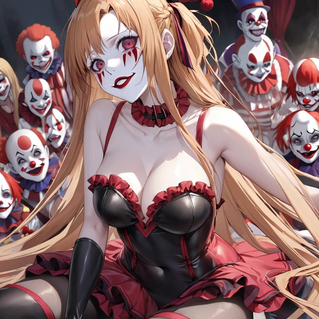 ((Highest quality)), ((masterpiece)), (detailed), （Perfect Face）、((The woman is Yuuki Asuna, with light brown, medium-long hair, pure white skin, and a creepy clown mask.))、The woman is a creepy, evil clown wearing a risqué black rubber V-neck leotard outfit, long black rubber boots, long black rubber gloves, lots of frills and clown decorations, a clown collar, a clown jester hat, a swallowtail skirt, and creepy clown makeup on her face and a red nose.、The woman is a creepy, evil, and lewd clown who has given her soul to an evil organization.、The evil circus troupe gathers together and the evil circus of hell begins.