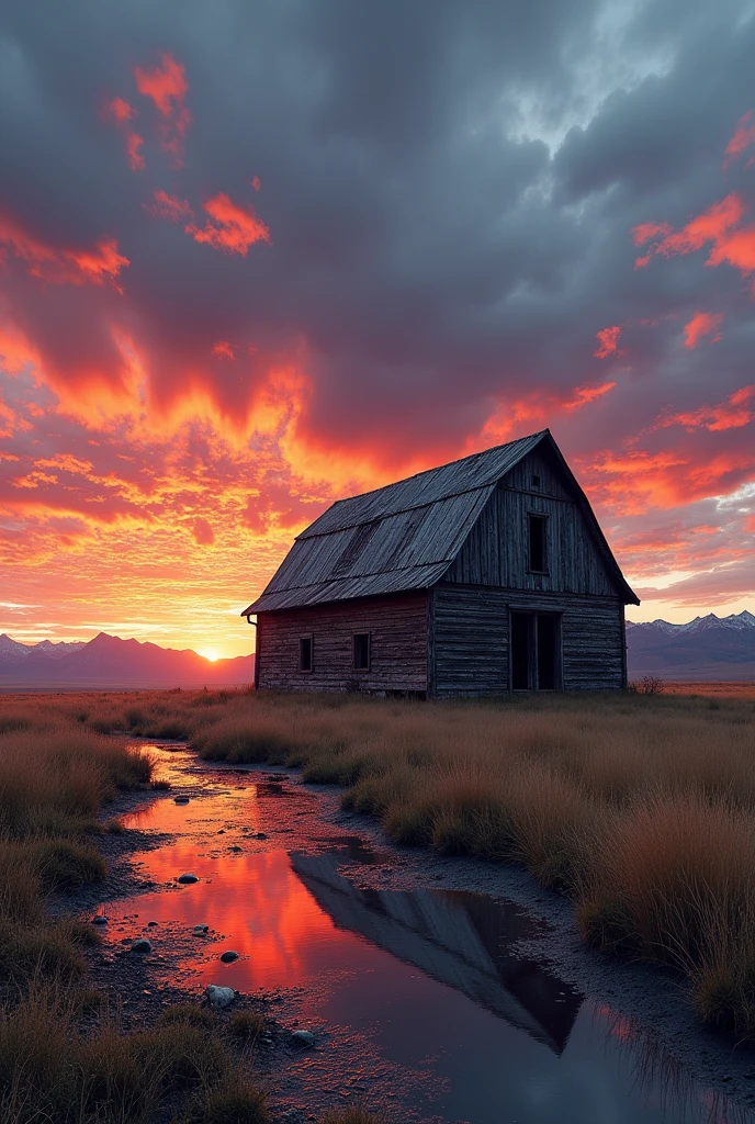 Montana wilderness, An old, abandoned barn stands resolute in the face of old age and a georgious multi color sunset, its once vibrant paint now faded and peeling. Puddles start to form on the ground, reflecting the chaotic scene overhead, The scene encapsulates the rawness and unpredictability of nature.