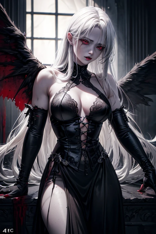a death angel, blood, (best quality,4k,8k,highres,masterpiece:1.2),ultra-detailed,(realistic,photorealistic,photo-realistic:1.37),dark fantasy, porcelain skin, long white hair, black wings, angel wings, red eyes, tears of blood, blood dripping, dramatic lighting, dark moody atmosphere, muted color palette, gothic horror