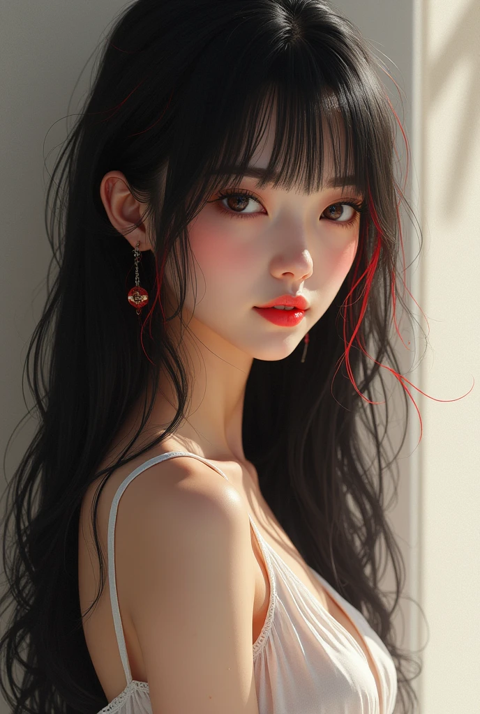 a Japanese woman with black hair and red highlights, white skin, sexy