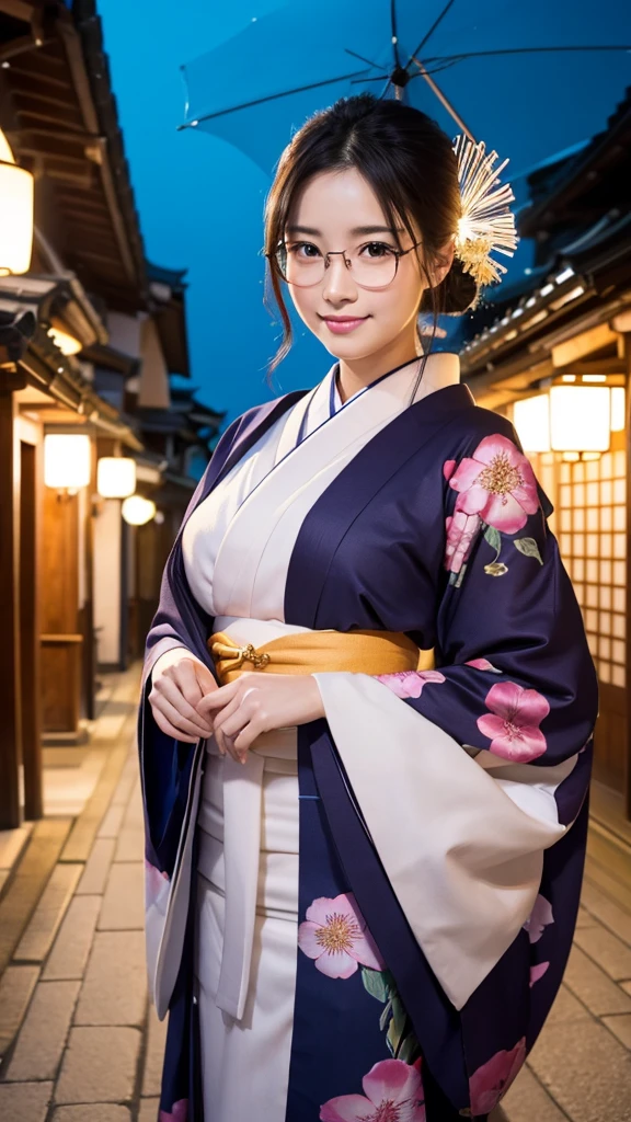 (Super beautiful woman in kimono)、((highest quality、8K masterpiece:1.3))、sharp focus:1.2、(super beautiful face:1.0)、(shiny skin:1.0)、realistic pictures、black hair、video lighting、High resolution eyes and face、video lighting、japanese actress、from the front、big breasts、with a happy smile、Slender abs beauty、whole body、wearing a kimono、in Kyoto、(((luxury obi)))、In Kyoto at night、wearing glasses with no edge、with a fan、Fireworks Display