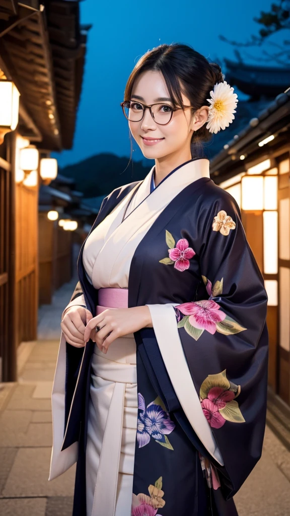 (Super beautiful woman in kimono)、((highest quality、8K masterpiece:1.3))、sharp focus:1.2、(super beautiful face:1.0)、(shiny skin:1.0)、realistic pictures、black hair、video lighting、High resolution eyes and face、video lighting、japanese actress、from the front、big breasts、with a happy smile、Slender abs beauty、whole body、wearing a kimono、in Kyoto、(((luxury obi)))、In Kyoto at night、wearing glasses with no edge、with a fan、Fireworks Display