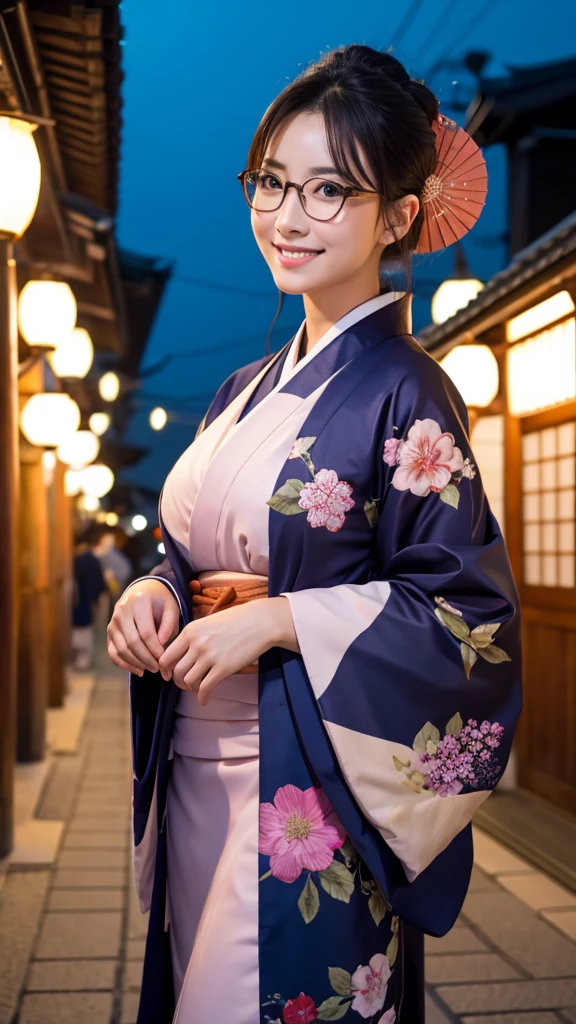 (Super beautiful woman in kimono)、((highest quality、8K masterpiece:1.3))、sharp focus:1.2、(super beautiful face:1.0)、(shiny skin:1.0)、realistic pictures、black hair、video lighting、High resolution eyes and face、video lighting、japanese actress、from the front、big breasts、with a happy smile、Slender abs beauty、whole body、wearing a kimono、in Kyoto、(((luxury obi)))、In Kyoto at night、wearing glasses with no edge、with a fan、Fireworks Display