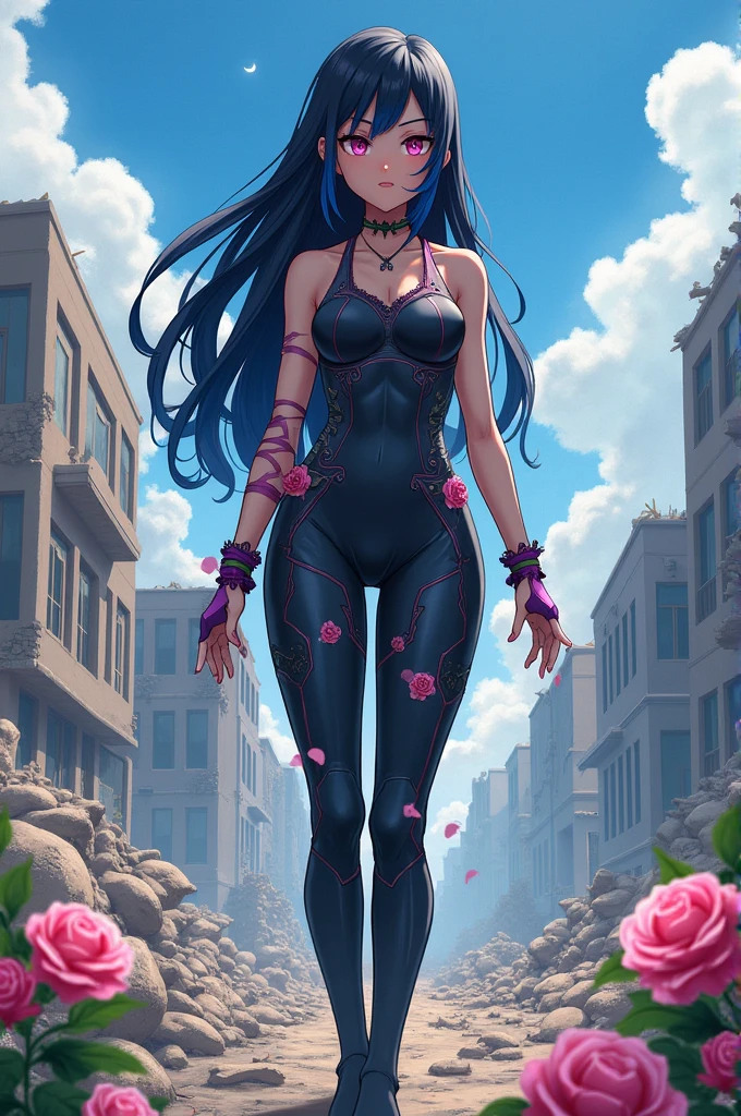 A girl in the destroyed city, long straight black hair with blue highlights, pink eyes, dressed in a tight suit decorated with roses, May flowers grow in your hands, (My Hero Academia anime girl style)
