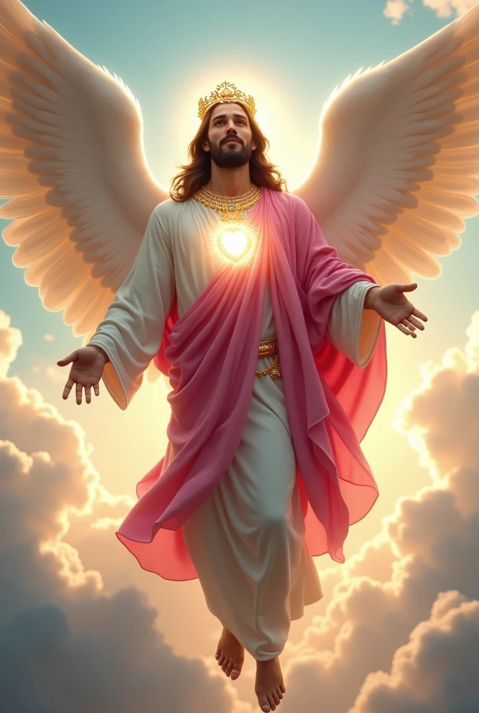 (photorealism:1.2), handsome Jesus Christ, floating in the sky with bigger white wing behind, the light in his head and heart sparkling all over, wearing the king pink color of clothes and crown in the clouds of heaven, elegant king clothes, long nice hair, outdoors, soft lighting, perfect five fingers and two hands, clouds and blue sky in a background, btighter sunlight, perfect face of Jesus Christ, relaxed pose, realistic, intricate details, warm colors,