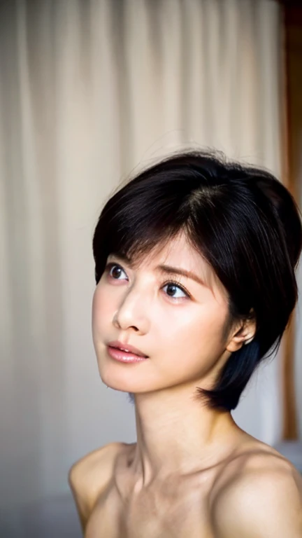  (Highest quality), (Beautiful Japanese Women), (Moisturized lips), Narrow eyes, double eyelid, Delicate clavicle, Flat Chest , Underdeveloped breasts, Professional Lighting, (Petite figure), (Sunburned skin: 0.2), Full body photo, Full Body Focus, (Standing posture)、Elegant、Slender body、boyish, Putting very short hair into a ponytail、Stylish white bedroom、Ribbon on chest、Sweep all your hair back、Crouching with rope、Full body angle、Ecstasy face、