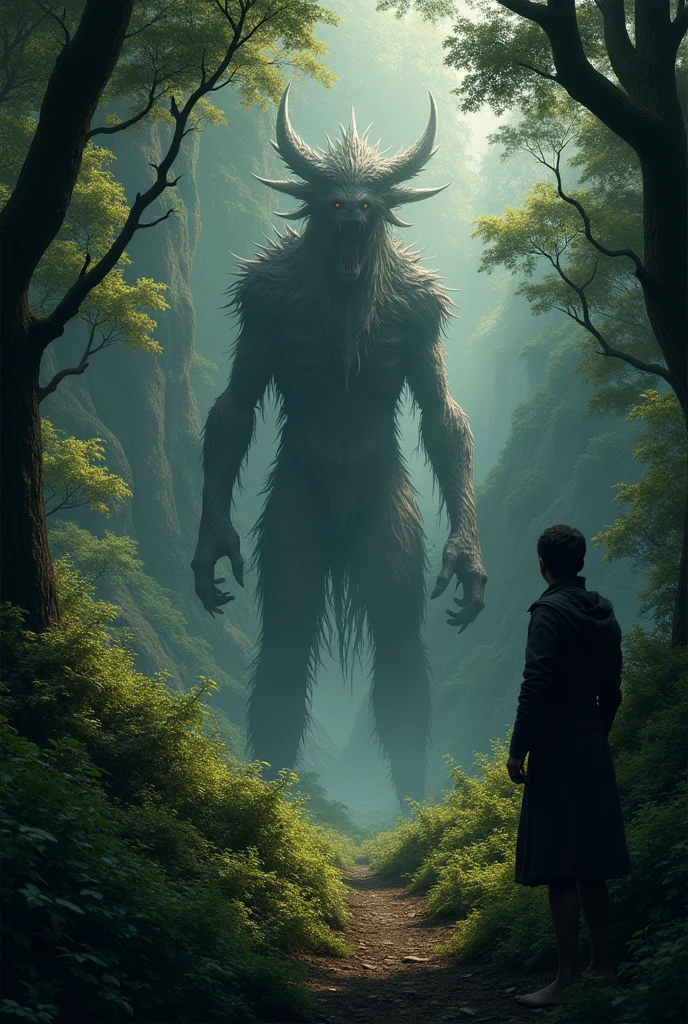 draw a mysterious encounter between a curious explorer and mythical creature, the explorer hiding behind a bush and stalking the creature that stand tall in front of a cave in a forest as the background.