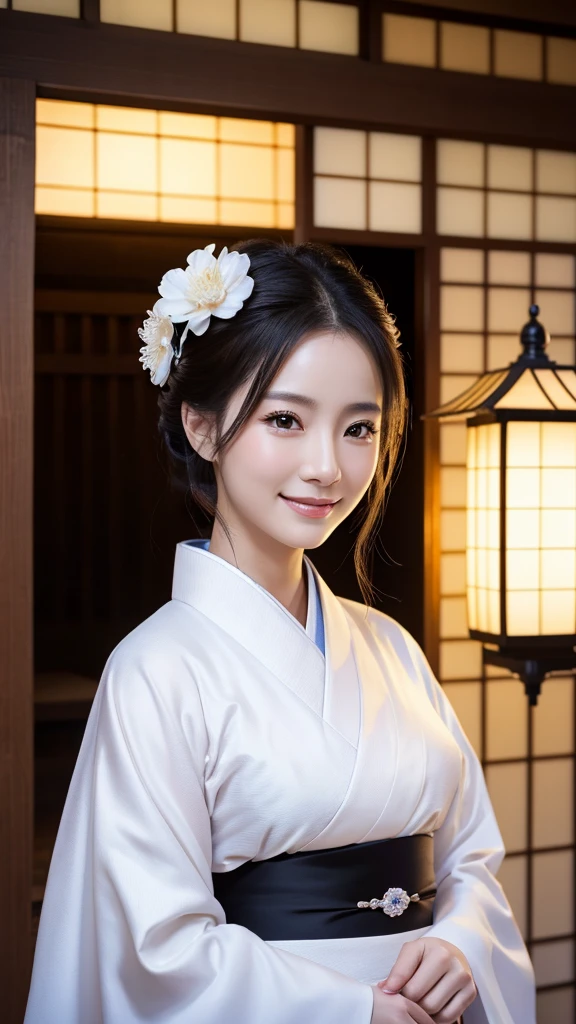 (Super beautiful woman in kimono)、((highest quality、8K masterpiece:1.3))、sharp focus:1.2、(super beautiful face:1.0)、(shiny skin:1.0)、realistic pictures、black hair、video lighting、High resolution eyes and face、video lighting、japanese actress、from the front、with a happy smile、whole body、wearing a kimono、in Kyoto、(luxury obi)、with a fan、Fireworks Display