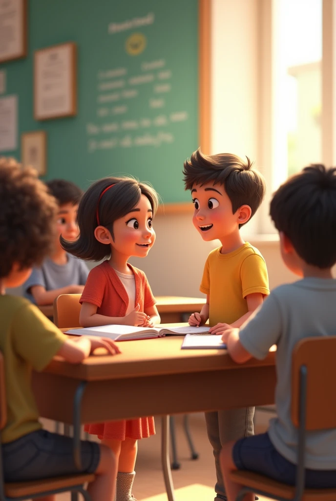 Description: Ana approaches Tomás with a friendly smile while the other children work in their groups.. Thomas looks surprised but relieved..
