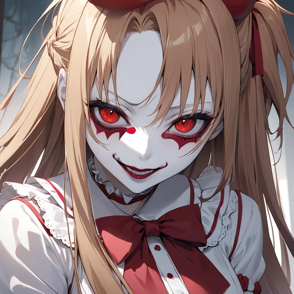 ((Highest quality)), ((masterpiece)), (detailed), （Perfect Face）、((The woman is Yuuki Asuna, with light brown, medium-long hair, pure white skin, and is wearing a creepy clown costume and a creepy clown mask.))、Woman is a creepy and evil clown with makeup on her face and a red nose、The woman is a creepy, evil, and lewd clown who has given her soul to an evil organization.