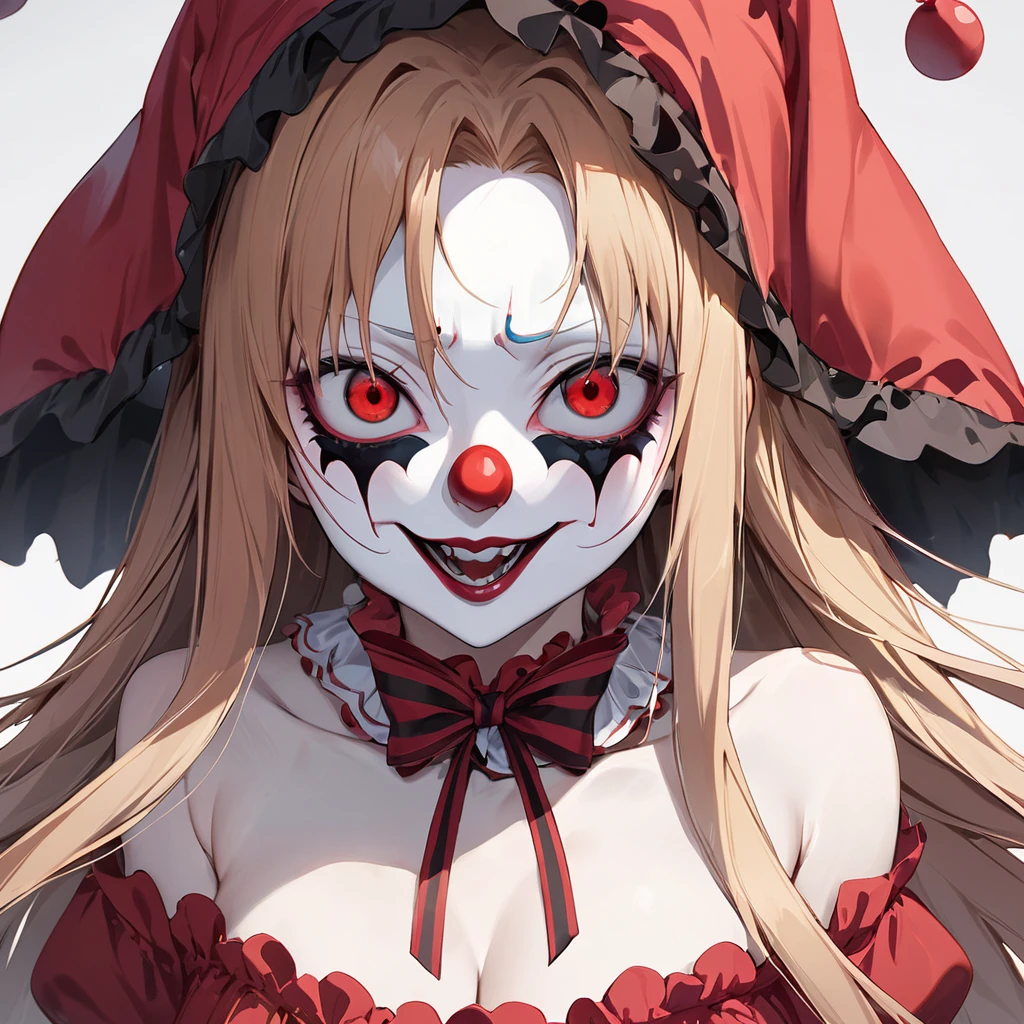 ((Highest quality)), ((masterpiece)), (detailed), （Perfect Face）、((The woman is Yuuki Asuna, with light brown, medium-long hair, pure white skin, and is wearing a creepy clown costume and a creepy clown mask.))、Woman is a creepy and evil clown with makeup on her face and a red nose、The woman is a creepy, evil, and lewd clown who has given her soul to an evil organization.