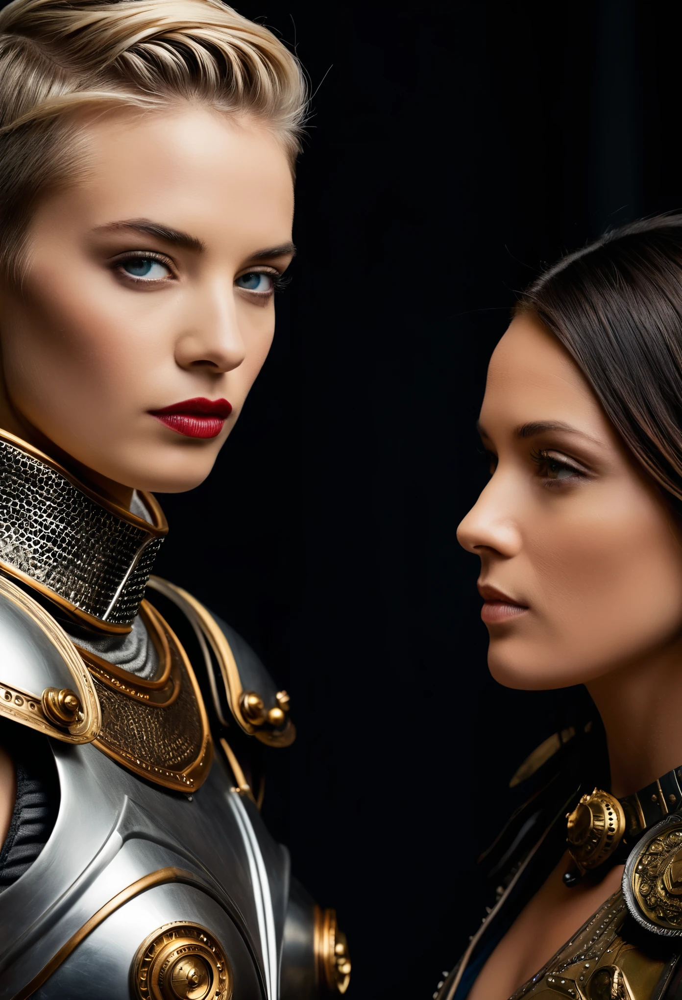 Two women in armor standing next to each other, Highly detailed surreal VFX, Inspired by Peter Lindbergh, Low saturation and calm colors, Inspired by Nikola Avramov, Clockpunk, Fine and beautiful face, Stephen James Petrucio, Prometheus (2012), intricated designed armor