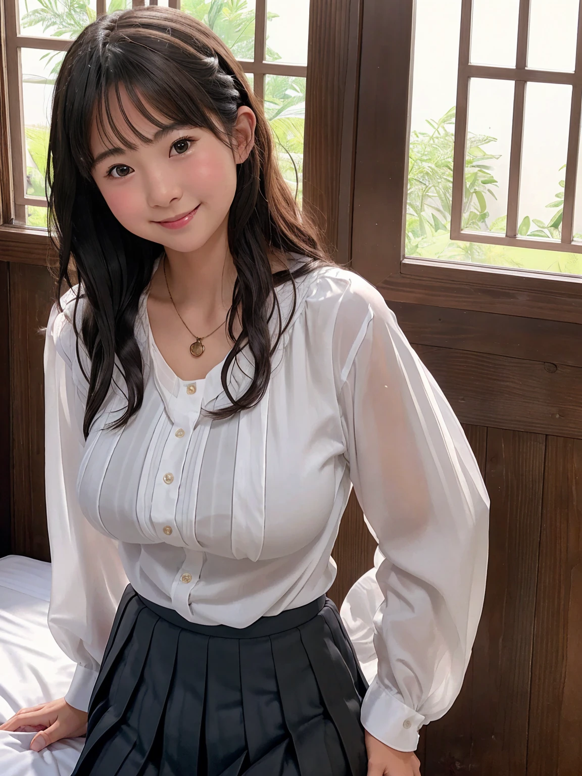 (Highest quality,masterpiece:1.3,Ultra-high resolution),(Very detailed、Caustics) (Realistic:1.4, RAW shooting、)Ultra-Realistic Capture、Very detailed、Natural skin texture、masterpiece、(A Japanese elementary school student wearing a black blouse and pleated skirt:1.3)、Adorable expression、Expressions of happiness、10 years old、height: 140cm、Baby Face、Pure、Amazingly cute、Curly Hair、ribbon、Black Hair、(Big Breasts:1.2)、Shining thighs、Shining ass、necklace、Hotel Bed、Background details、smile、An inviting gaze、(Anatomically correct)、Cowboy Shot、Attention to detail