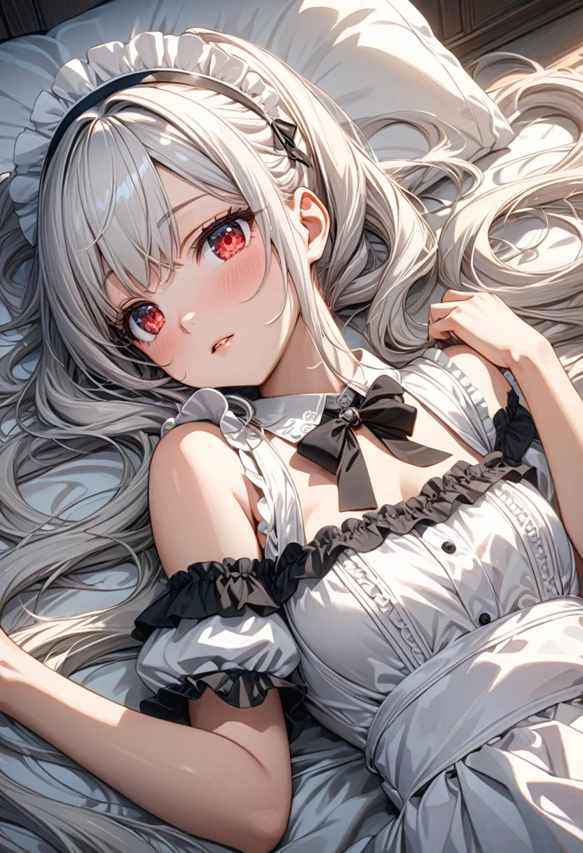 One girl, White hair,twin tail,long hair,maid's outfit,cold shoulder,red eyes,lying on back,(((masterpiece))), (((best quality))), ((ultra-detailed)), (illustration), (detailed light),((an extremely delicate and beautiful)),(beautiful detailed eyes),anime art style,