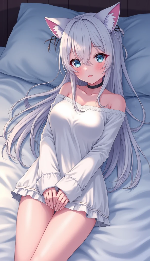 one girl, anime style, cat ears, off shoulder, small breasts, shy, blush, navel, choker, obedient, white long hair, light blue eyes, long sleeve, on bed, groin, cleavage, navel, hide her pussy with hand