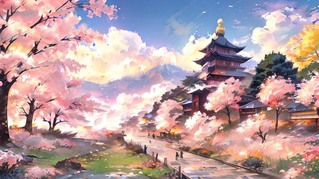 landscape,Japanese style,A tram slowly enters the picture,There are beautiful cherry blossoms on both sides\(Cherry blossoms gradually fall),There are two figures in the distance\(a boy,A girl),Wind blowing through the grass,绝美landscape,Japanese style,Detail control,Professional perspective