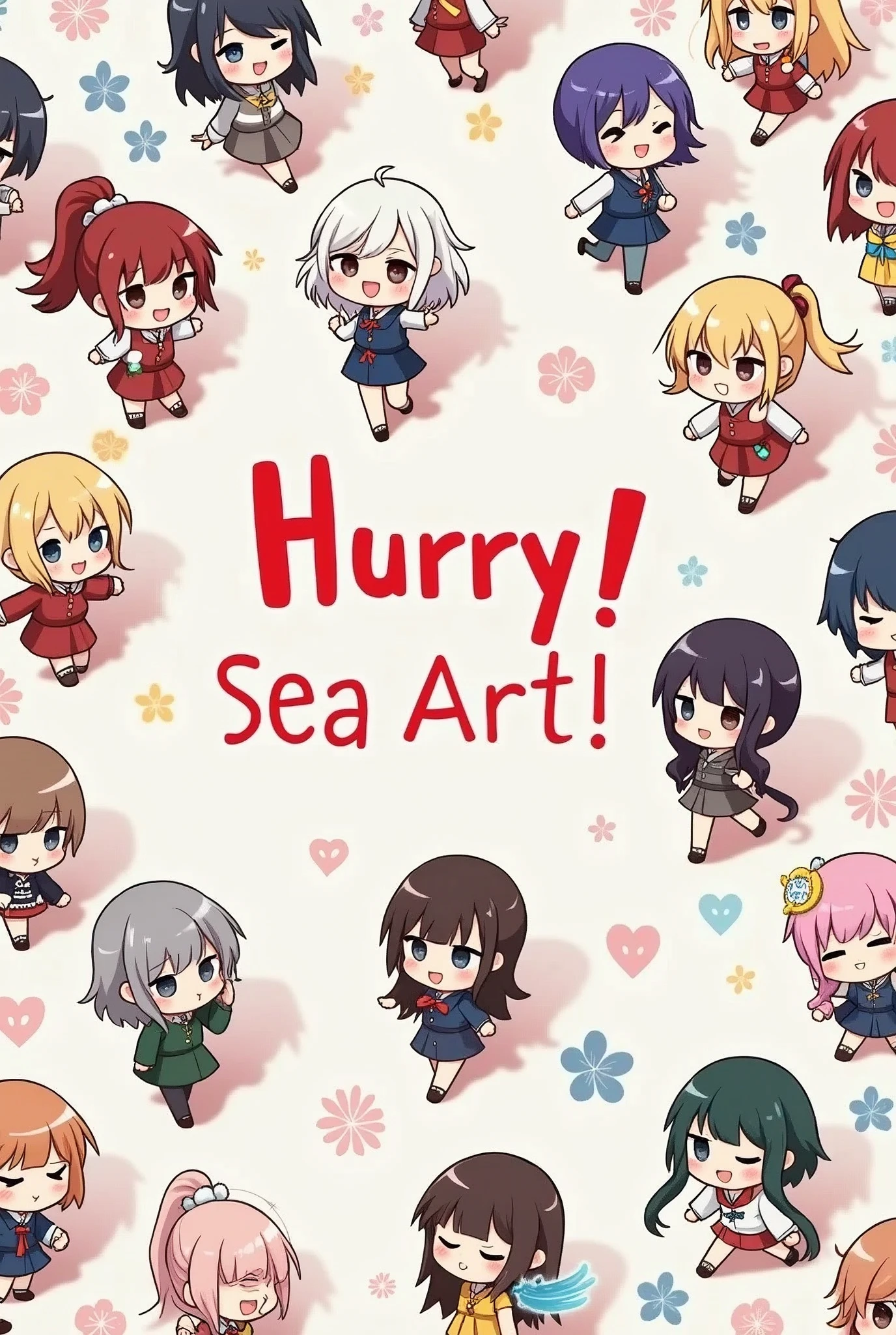 quality\(masterpiece, best quality,8k,wallpaper of extremely detailed CG unit,hight resolution,top-quality,top-quality real texture skin,hyper realisitic,increase the resolution,RAW photos,best qualtiy,highly detailed,the wallpaper\), 6+girls/((So many girls\(seamless\):1.5),chibi,cute,kawaii,big eyes,various expressions,various clothes,various hair, (flat color:1.3), vivid color,rushing\(from top-right to bottomleft\)/) , isometric view, ((((cute text says "Hurry! New Updates@SeaArt.ai!"))))