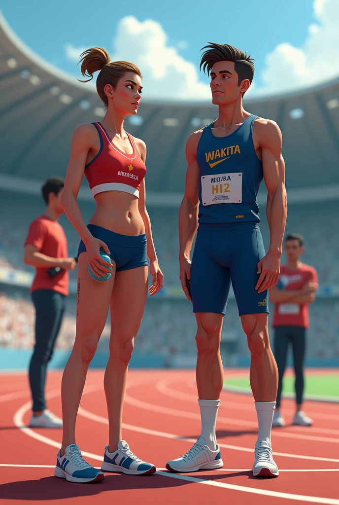 La pista de atletismo con CLAUDIA y Ricardo en la línea de salida. CLAUDIA, in a posture of readiness, shows determination on his face. Ricardo, with a confident expression, is next to her, hiding the bottle in her hand inciting her to cheat . Sofia, the referee, is in the background, watching the athletes seriously. mario, the journalist, stands to one side with a camera or recorder. All this located in the Olympics