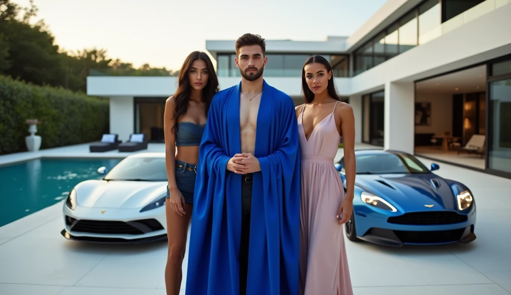 A charismatic young wizard in a royal blue robe stands with confidence. Beside him, two stunning women dressed in sophisticated, minimal clothing, representing wealth and allure. The backdrop features a large, ultra-modern house with a pristine garden and swimming pool. High-end sports cars, like a Porsche and Aston Martin, are displayed prominently, highlighting a life of wealth and luxury. The scene captures the essence of magical opulence and financial success, with every element emphasizing wealth and prestige