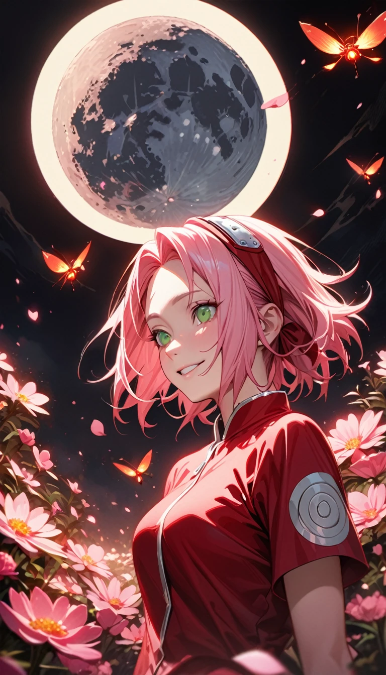 Super detailed, High resolution, Absurd, High resolution, masterpiece, Haruno sakura, Pink Short Hair, expressive green eyes, Naruto Shippuden, Pink Flower, petal, fire Fly, moon, woman, alone, Very beautiful, Highly detailed face and eyes, Highest quality, Red clothes, smile