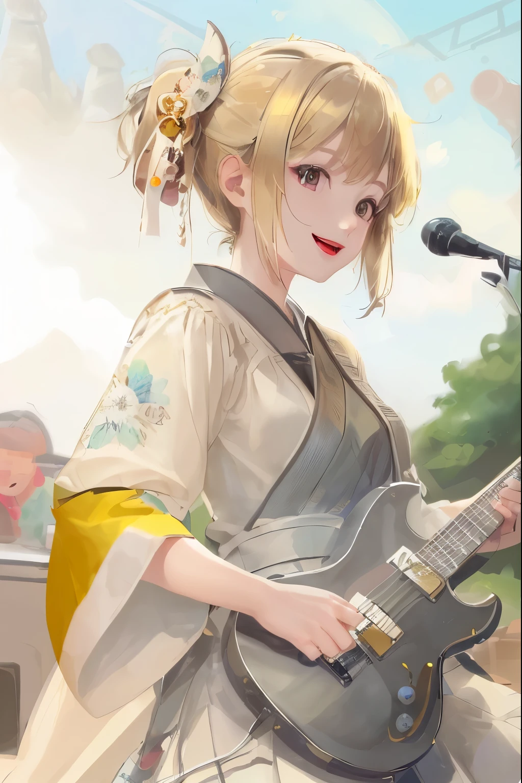(masterpiece),(Highest quality),(Very detailed), (whole body:1.2), One person,cute, smile, Open your mouth, , Outdoor Stage, I'm playing the guitar, music, Ear microphone, Holding the guitar, Flashy haori hakama, blush, ,Pink twin-tailed short hair, blush stickers, bangs, pink , (Beautifully detailed face), (Beautiful attention to detail),