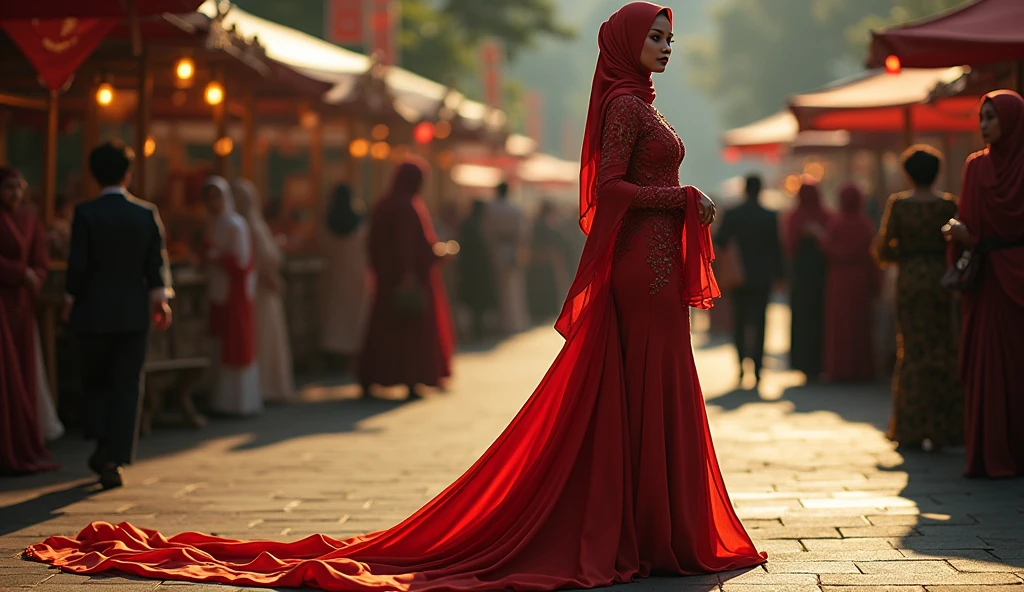 An malay woman in glamorous mermaid evening gown, long ballon sleeve gown, long satin scarf wrapped around her arms, wear jewellery, wear modern satin hijab, entirety of fabric over botom dress about 7 meters in length trailing dramatically, glamours style, overlong dress train, extreme detail on the texture of the fabric, wear high heels, sexy random pose in crowded park, beautifull lighting, ultra realistic, high-resolution photography.