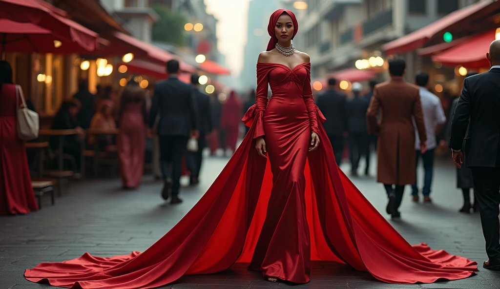 An malay woman in glamorous mermaid evening gown, long ballon sleeve gown, long satin scarf wrapped around her arms, wear jewellery, wear modern satin hijab, entirety of fabric over botom dress about 7 meters in length trailing dramatically, glamours style, overlong dress train, extreme detail on the texture of the fabric, wear high heels, sexy random pose in crowded street, beautifull lighting, ultra realistic, high-resolution photography.