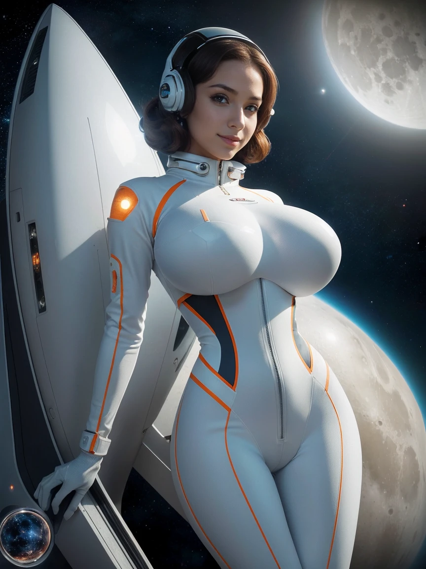 (masterpiece, top quality, best quality, official art, beautiful and aesthetic:1.2), (1girl:1.3), light freckles, fair skin, extremely detailed, portrait, looking at viewer, solo, (full body:0.6), detailed background, close up, (bright space pinup theme:1.1), busty 1950's pinup brunette space girl, charlatan, smiling, happy, mysterious, spacewalk, modest attire, white and orange space suit, spacesuit, helmet, bodysuit, ray gun, long boots, pouches, jetpack, glass helmet, rocket ship, ((((narrow hips, slim sexy body, medium breasts)))), slim waist, slim hips, long legs, futuristic (moon exterior:1.1) background, dark mysterious lighting, shadows, magical atmosphere, dutch angle,