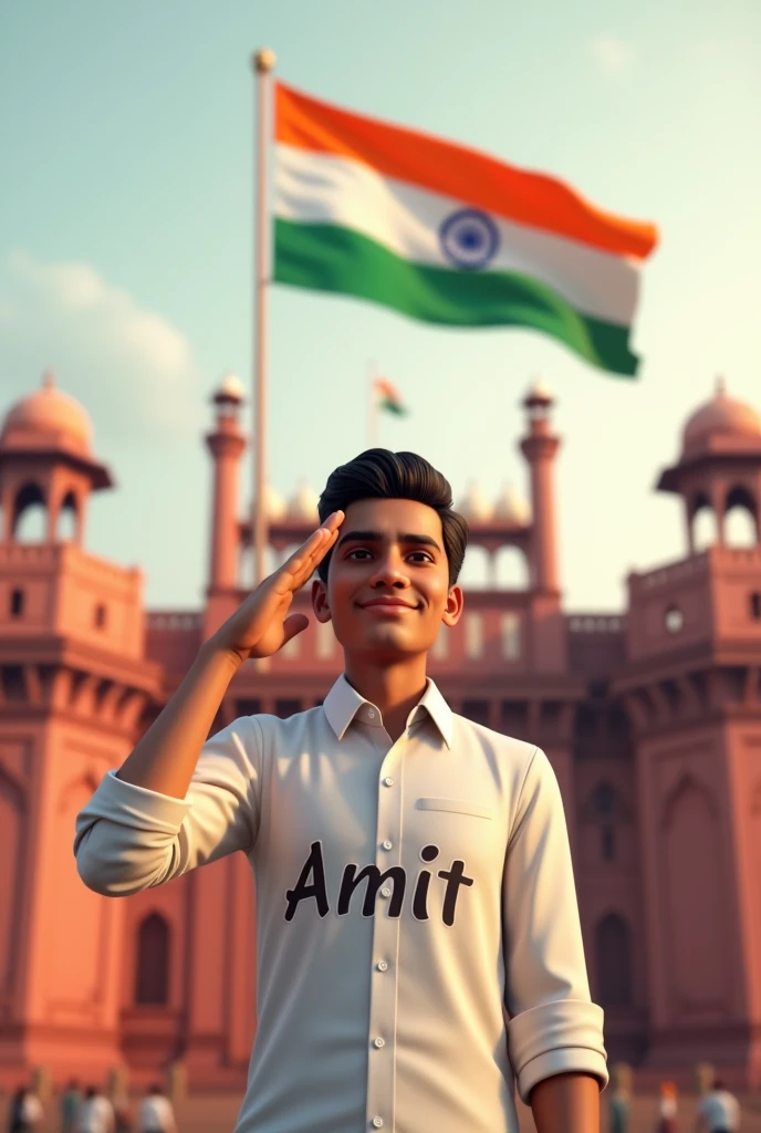 Create a 3D image of 20 years old boy is wearing White color shirt and saluting to indian flag and behind him red fort placed a hoisting flag on that, written Happy Independence Day 2024" on the sky and "Amit" is written on his shirt with  bold letters all shirt and also in overall image has the divine background like indian republic day. Everyone is celebrating. 