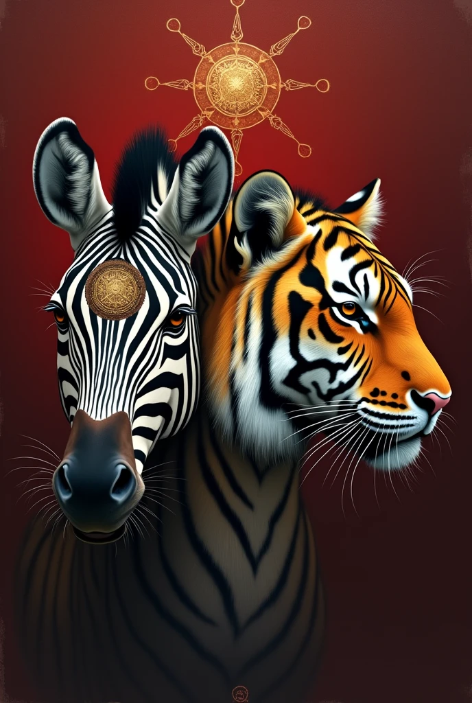 painting of a tiger in the middle of its head on the right side of the image and on the left side a zebra in the middle of its head with a wine-red background only their heads