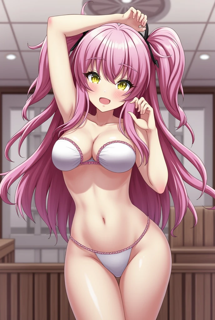 masterpiece, best quality, highres, aalala, long hair, ahoge, hair ornament, green eyes,pink, , (((huge breasts))), bikini,,looking viewer,indoor,,smile,,open mouth,(blush,sweating),nsfw,thigh gap,(sexy pose:1.4),(((dark room)))