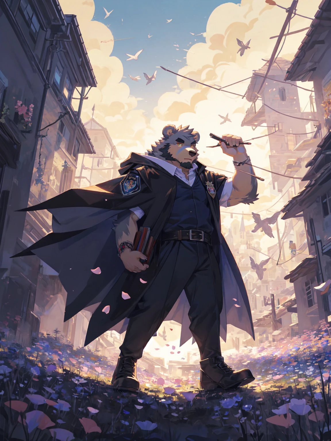 ultra-detailed,extremely detailed and beautiful, sky and white cloud and sunset glow background,ultra-detailed birds, (floating city in bloom, Floating petals, blooming gardens in the sky, many vines on the wall:1.2),Imagination,(masterpiece:1.2), best quality,pixiv,official art,perfect anatomy, (Ray tracing, light),solo, (1_male:1.3) , (muscle), (grey fur:1.4), (muscle bear), (beard:1.2), (gleaming golden eyes), bear tail, full body, Thick black eyebrows, Harry potter style,WIZARDRY UNIFORM,HOGWARTS,cloak,cardigan,shirt,pants,black boots,full body,(pure white background: 1.3), looking at viewer,dynamic pose