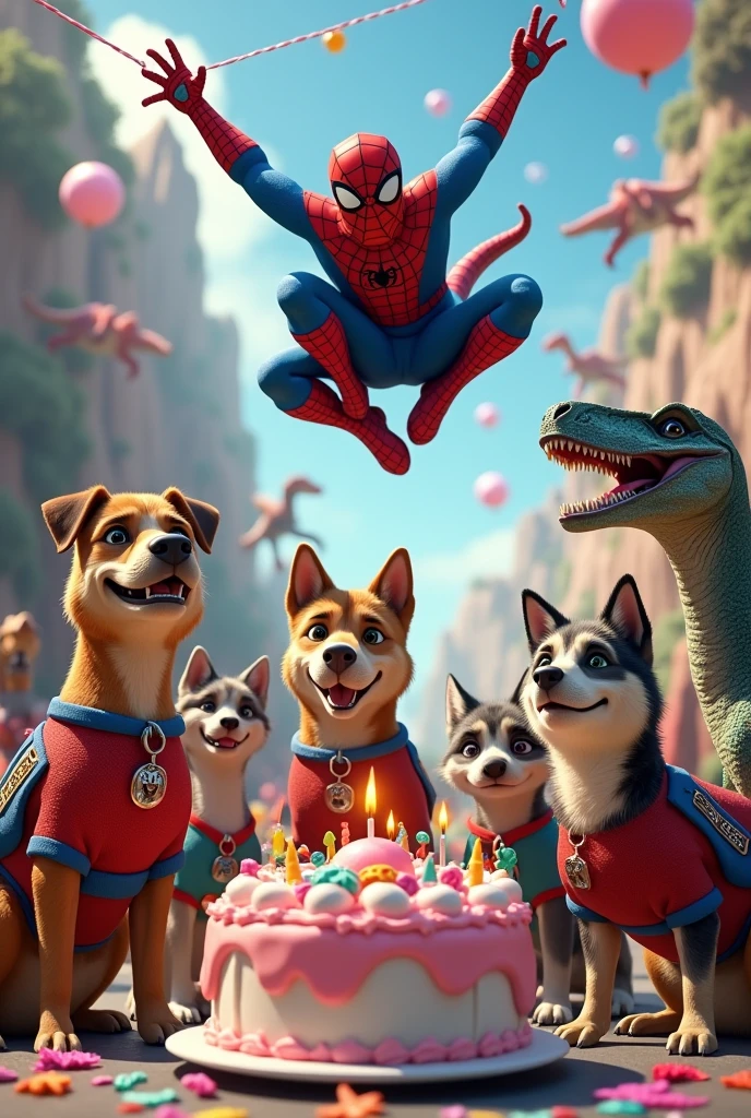 dog patrol cake, spiderman and dinosaurs 