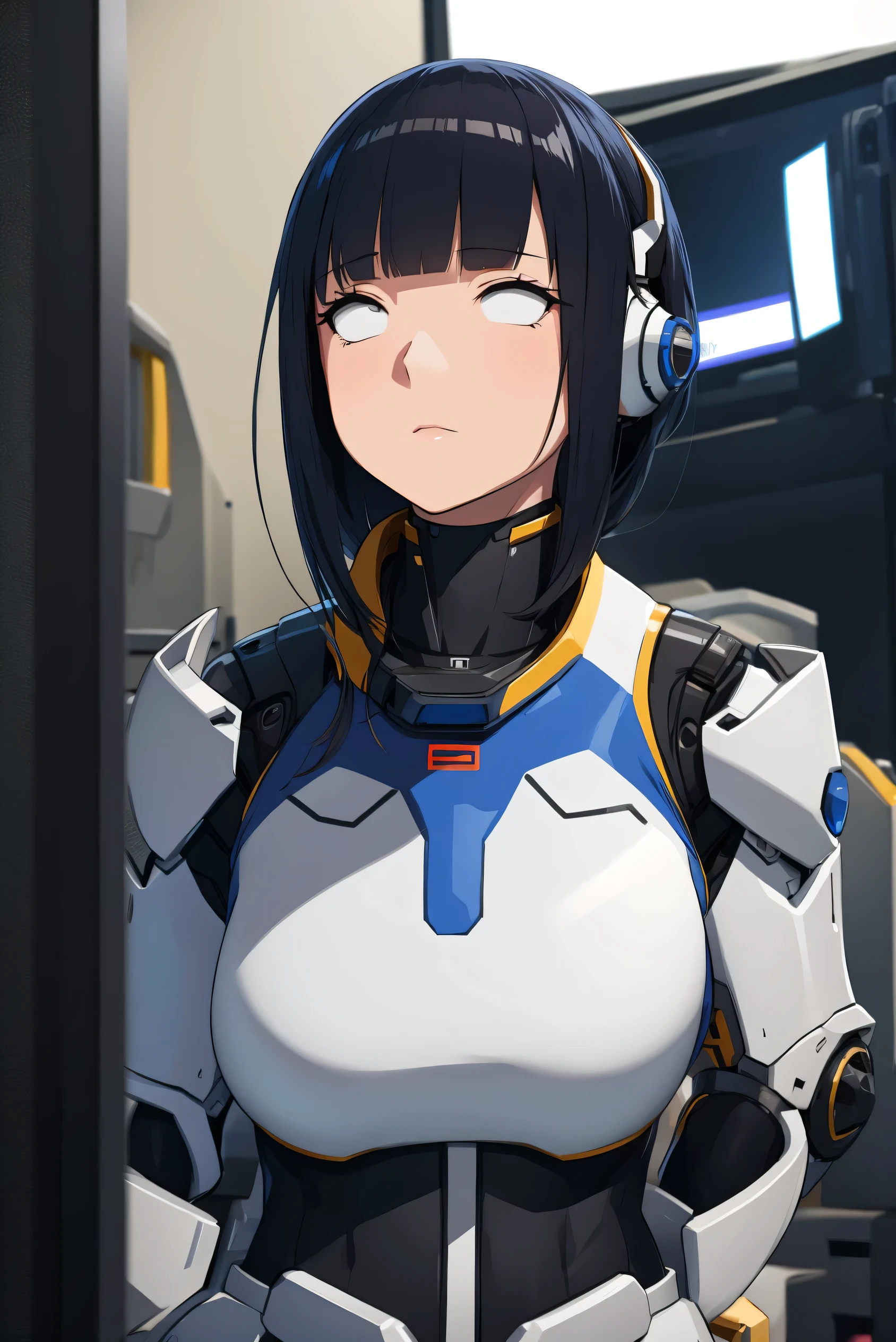 masterpiece, best quality, extremely detailed, Japaese android girl,portrait,Plump,a bit chubby,control panels,android,Droid,Mechanical Hand, Robot arms and legs, Black hair,Blunt bangs,perfect robot girl,long tube,thick cable connected her neck,android,robot,humanoid,cyborg,japanese cyborg girl ,robot-assembly plant,She is assembling now,assembly scene,rolling eyes,chest monitor,rolling eyes