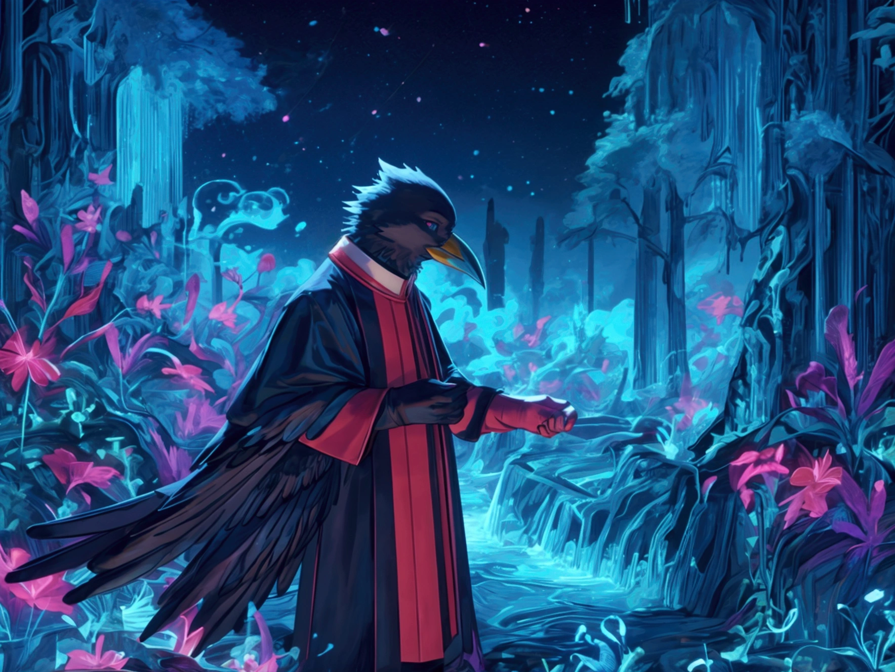 masterpiece,epic,corvid, smiling in a sadistic and disturbing way, priest's suit with red stripes, red vest under the trench coat, round red glasses, background of vapor waves,the universe in hands.