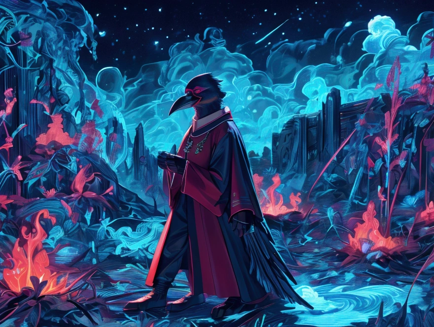 masterpiece,epic,corvid, smiling in a sadistic and disturbing way, priest's suit with red stripes, red vest under the trench coat, round red glasses, background of vapor waves,the universe in hands.