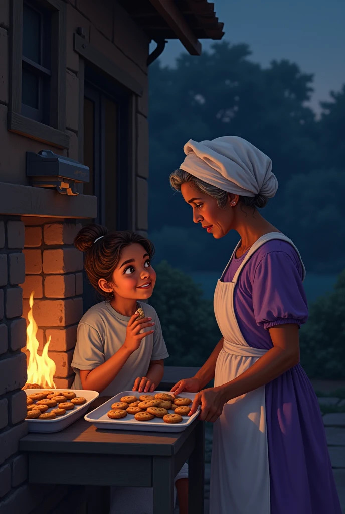 A warm and tender moment between a girl (the narrator) and his maternal grandmother. the grandmother, a strong and resilient figure, He is standing next to an oven chimney and next to him is a tray of cooked cookies and in his hands another one about to be put in the oven., it's late at night, Grandma is baking cookies. The firelight softly illuminates the room, projecting warm tones on their faces. The girl, sitting next to him, He looks at his grandmother with admiration and love, holding a piece of a freshly baked cookie. In the background, You can feel the fatigue and hard work, perhaps with the faint outline of the rest of the house in the dark, indicating the late hour. The atmosphere should evoke feelings of both warmth and sadness., highlighting the grandmother's strength and hope despite the heavy burden of slavery.
(The grandmother's clothing is a purple dress and on her head she wears a white cook's turban.)
This image would capture both love and resilience in the face of adversity.