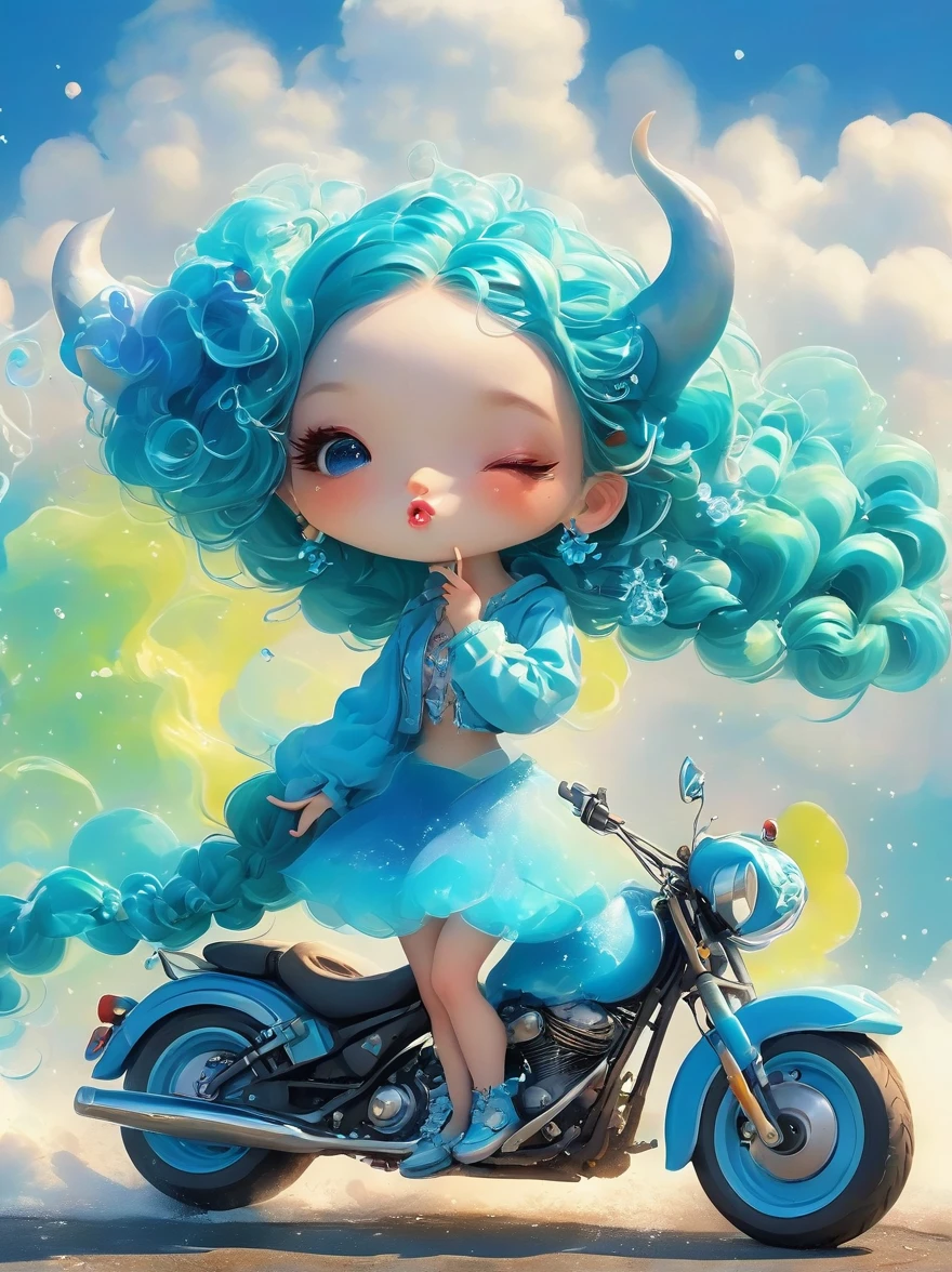 1 woman, A demon whose body is made of ice..,With its formidable horns and skin of blue and white ice.,, Fun poses, standing on a motorcycle, (close one eye:1.3), conjunctivitis, Cute little mouth with pursed lips, Behind them was a swirl of smoke...,proudly, cartoon style, full body shot, Created with C4D and Blender., Surprise box toy pattern, super details, anatomically correct, masterpiece, necessary