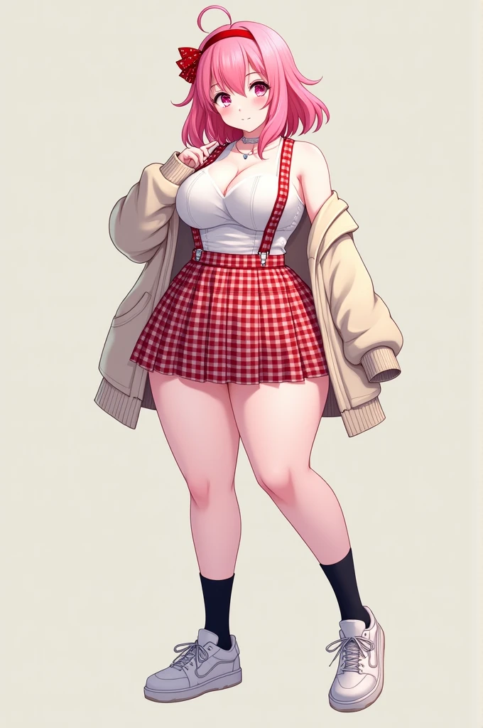 very very big tits, very very white skin, white sneakers, black socks, Red suspender skirt (check pattern), Ivory cardigan, hair band red, Secret two-tone pink, red ribbon, pink eyes, side hair hime cut, straight bangs