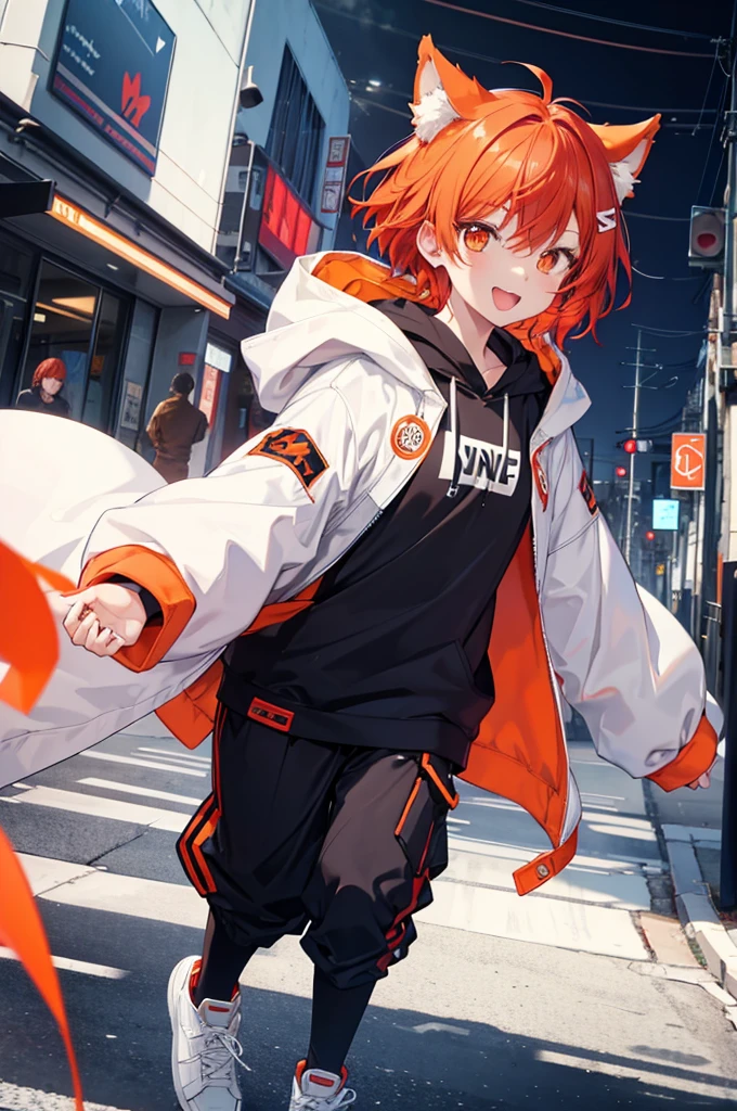 Full body portrait,front,male Red Hair,Short hair,Orange Eyes,Dog ears,,About,White hoodie outfit,Mouth open,smile,Moe sleeves,Pause