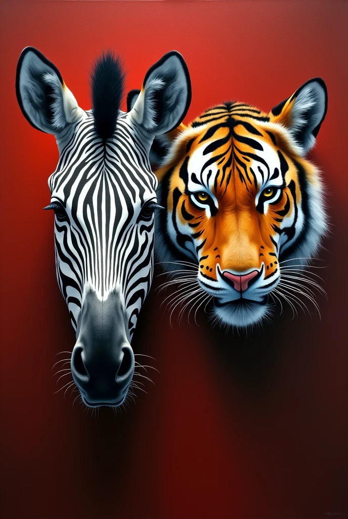 painting of a tiger in the middle of its head on the right side of the image and on the left side a zebra in the middle of its head with a wine-red background only their heads