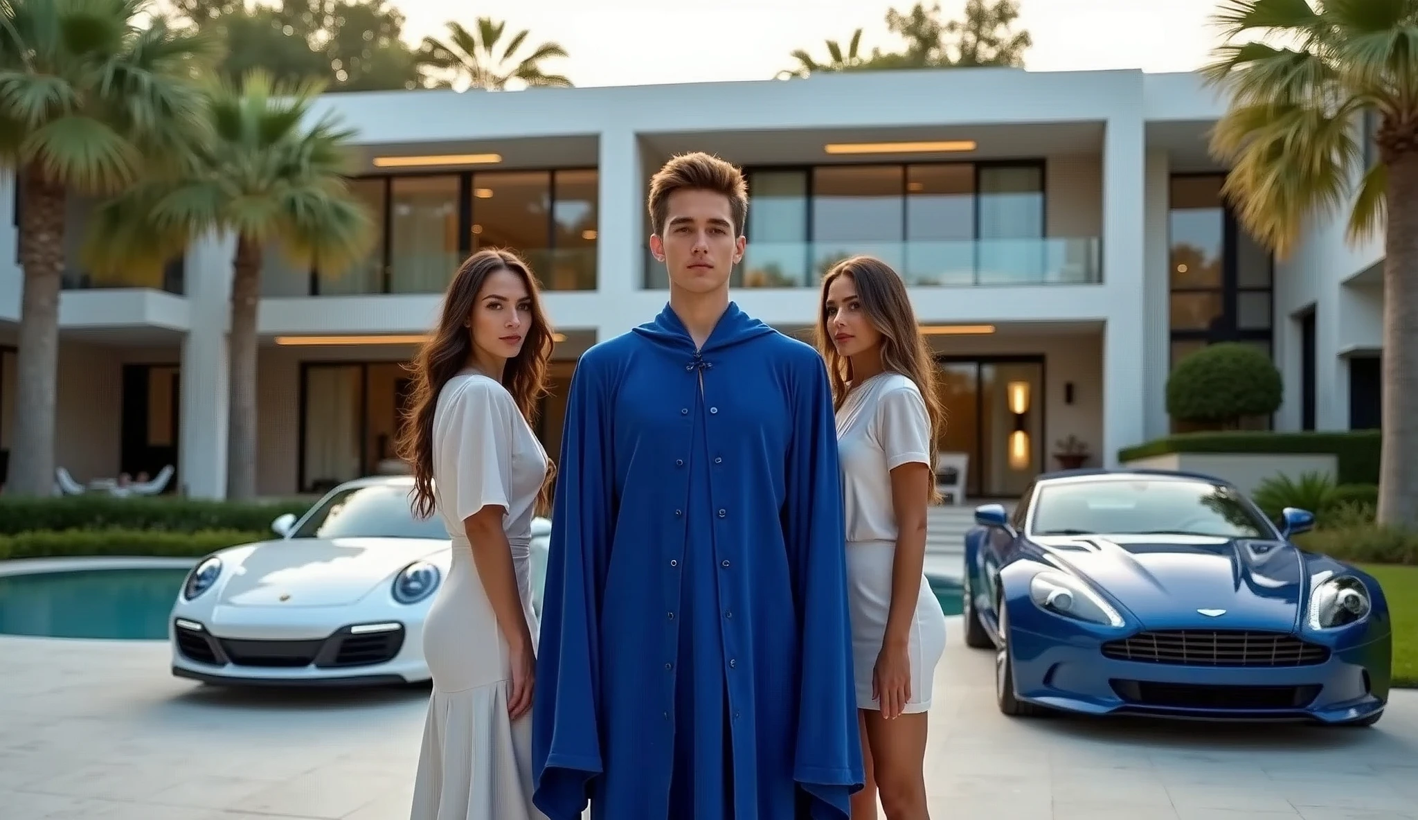 A charismatic young wizard in a royal blue robe stands with confidence. Beside him, two stunning women dressed in sophisticated, minimal clothing, representing wealth and allure. The backdrop features a large, ultra-modern house with a pristine garden and swimming pool. High-end sports cars, like a Porsche and Aston Martin, are displayed prominently, highlighting a life of wealth and luxury. The scene captures the essence of magical opulence and financial success, with every element emphasizing wealth and prestige