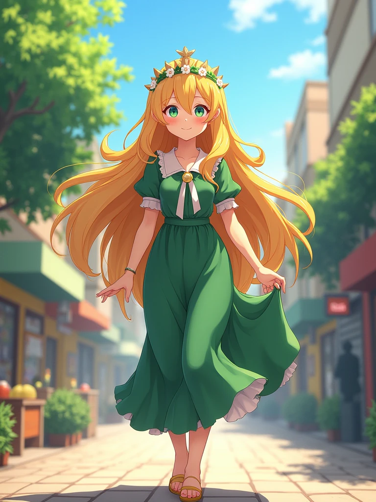 Lucoa from dragons maid, smiling, brushed, walking on streets, sunny day, detailed art, delicated girl, goddess beauty, 2.5D anime artstyle