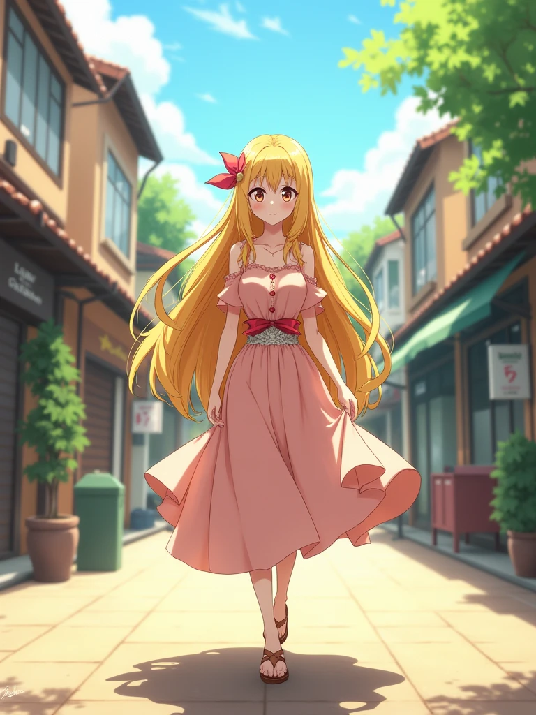 Lucoa from dragons maid, smiling, brushed, walking on streets, sunny day, detailed art, delicated girl, goddess beauty, 2.5D anime artstyle