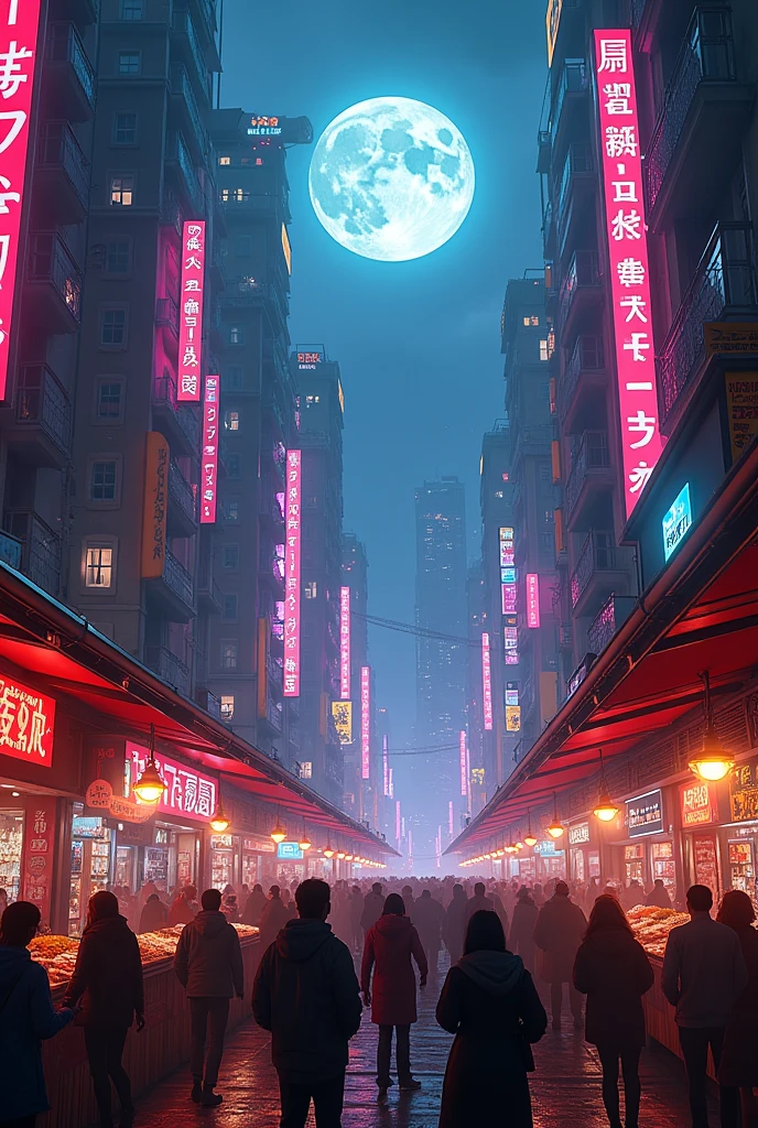 street level shot a full crowd of conversation people in a bazaar with customer from NIGHT market festival in new york beside the street with futuristic city street metropolis night, big moonlight, cyberpunk vibes, neon lights or led screen, symmetrical view and vertical orientation